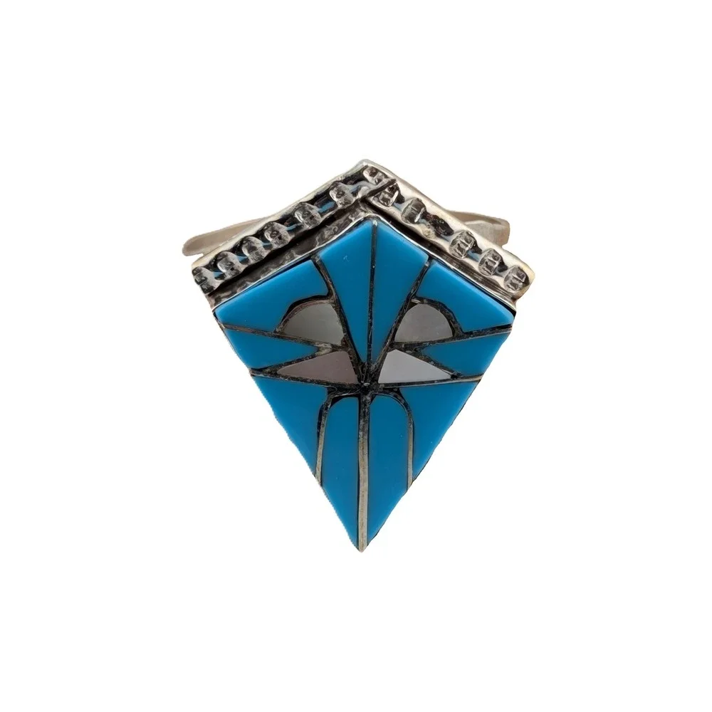 Handmade Zuni Inlay Ring D. Quam Sterling Silver Native American Jewelry sz 8 **